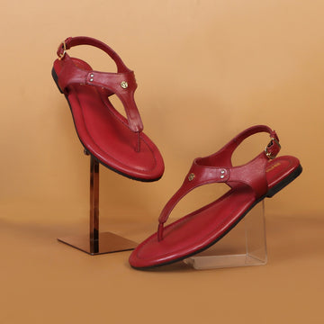 Wine Leather T-Strap Sandal with Toe Separator Loop Buckle