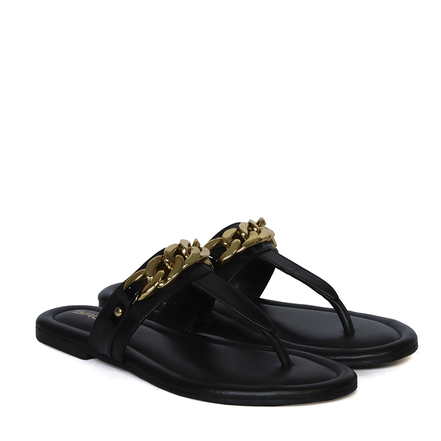 Women's Black Knotted Golden Chain Embellishment T-Strap Slippers