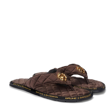 Women Dark Brown Velvet Slippers with 3D Lion Logo