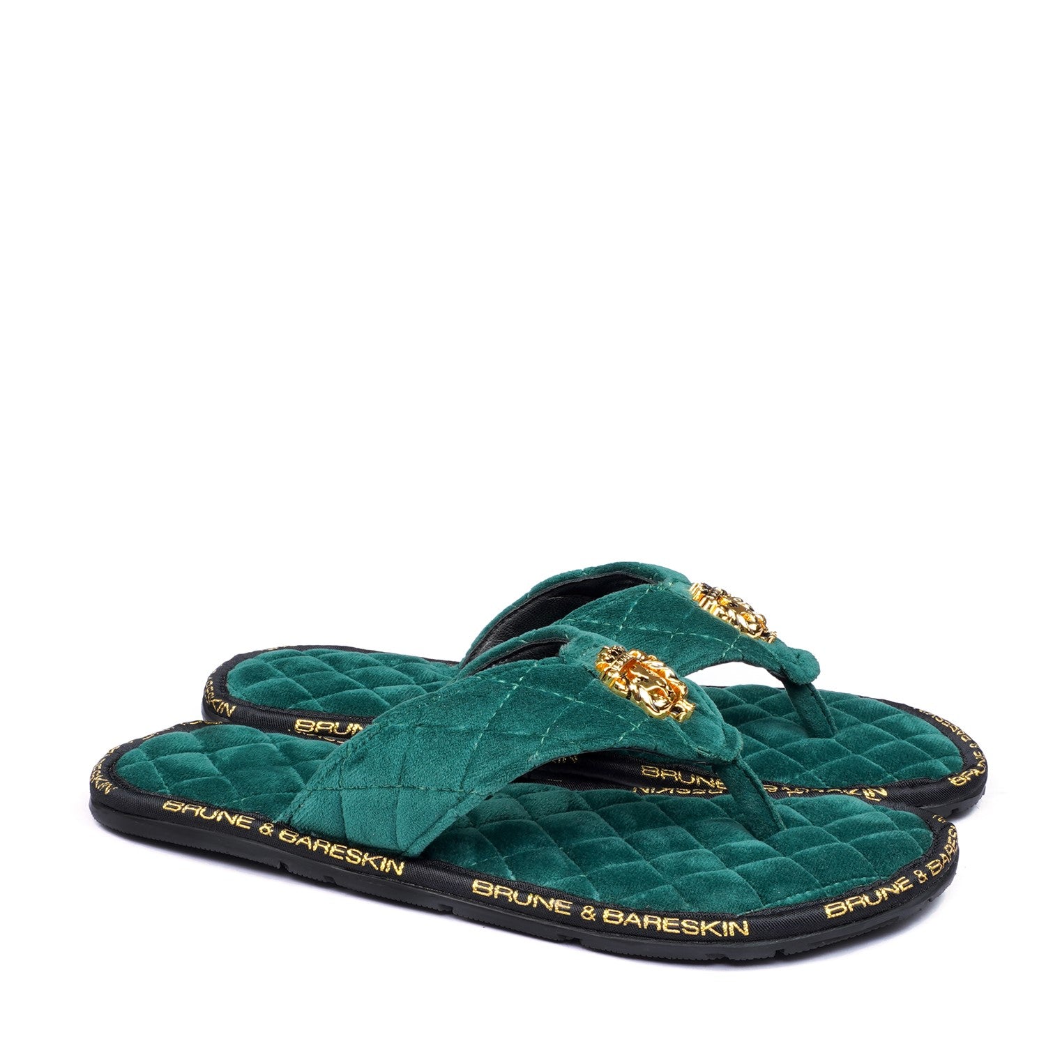 Women's V Strap Green Diamond Stitched 3D Lion Logo Velvet Slippers
