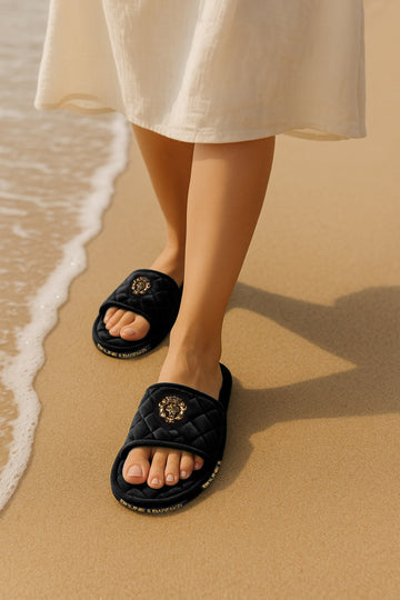 Women's Black Diamond Stitched 3D Lion Logo Velvet Slippers