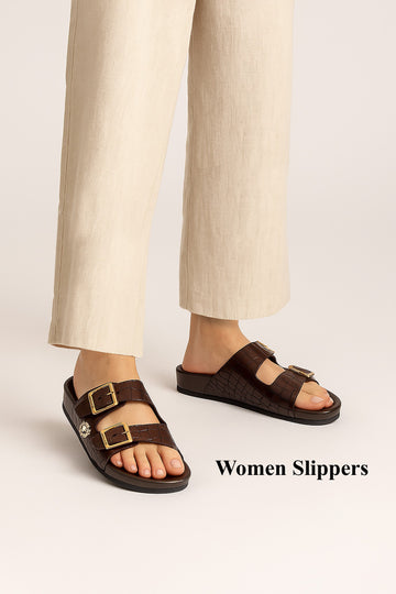 Adjustable Buckle Slide-in Slippers in Deep Cut Croco Dark Brown Leather