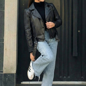Black Leather Women Padded Sleeves Biker Jacket