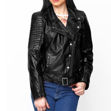 Women Padded Sleeves Biker Jacket in Black Genuine Leather