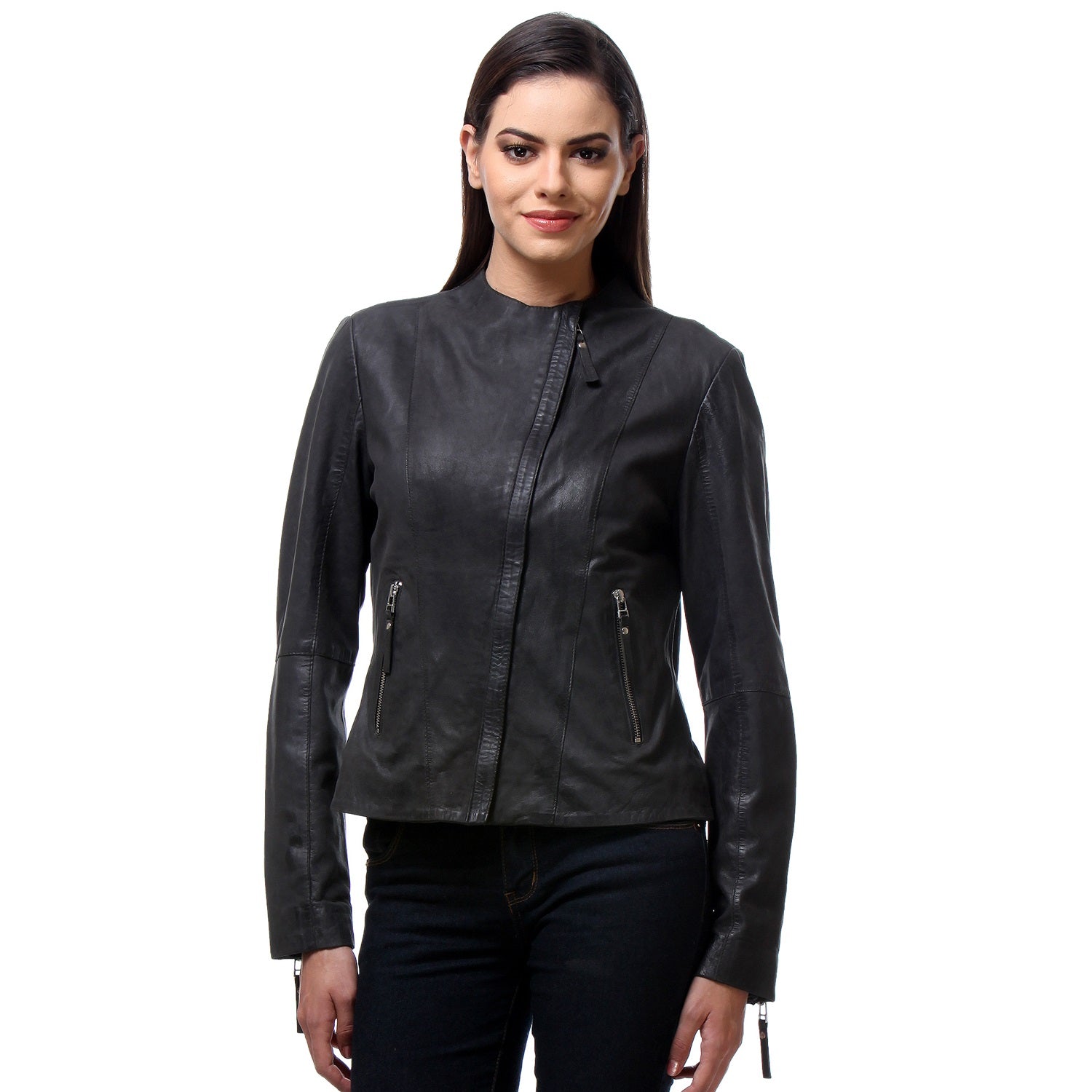Slant Zip Black Leather Ladies Jacket