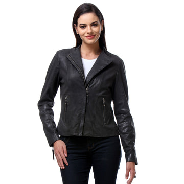 Slant Zip Black Leather Ladies Jacket