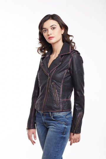 Ladies Biker Black Jacket in Genuine Leather