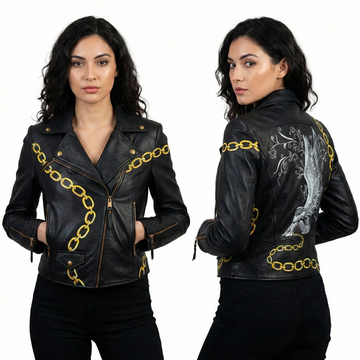 Hand painted biker styled leather Jacket in Genuine Black Leather for Girls By Brune & Bareskin