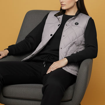 Diamond-Stitched Grey Vest with Leather Collar