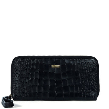 Multi-Utility Black Ladies Clutch/Wallet in Deep Cut Croco Textured Leather with Zipper Closure