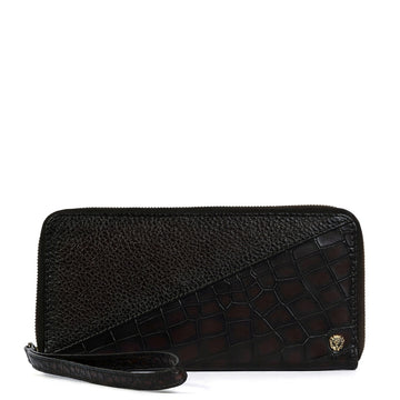Ladies Clutch/Wallet in Dark Brown Center stitched Silhouette Deep Cut & Textured Leather