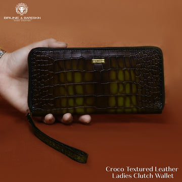 Ladies Clutch/Wallet With Smokey Olive Croco Textured Leather
