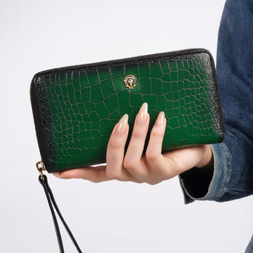 Green Deep Cut Croco Print Leather Ladies Multi-Utility Hand Wallet By Brune & Bareskin