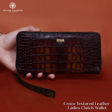 Ladies Clutch/Wallet With Smokey Tan Croco Textured Leather