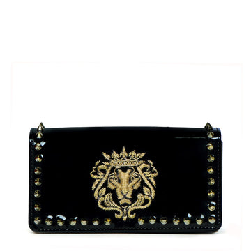 Ladies Clutch/Wallet with Zardosi Lion in Black Leather