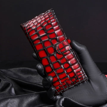 Burnished Wine Long Wallet in Deep Cut Leather with magnetic strap