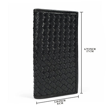 Black Weaved Leather Long Wallet with Inside Zipper Multi-Pockets