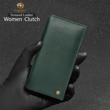 Double Stitching Clutch/Wallet For Women in Green Textured Leather