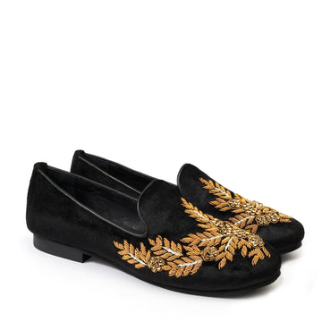Golden Zardosi-Embroidered Slip-On Shoes in Black Italian Velvet