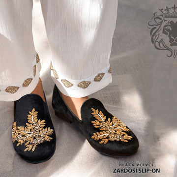 Golden Zardosi-Embroidered Slip-On Shoes in Black Italian Velvet