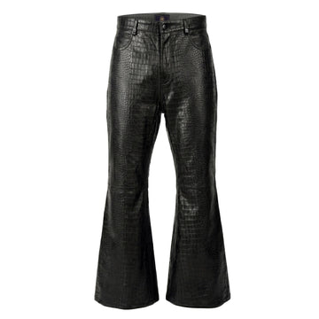 Black Croco Embossed Leather Flared Pants