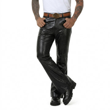 Black Croco Embossed Leather Flared Pants