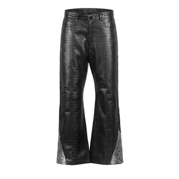 Black Croco Embossed Leather Pants with Snake Print Panel Detailing