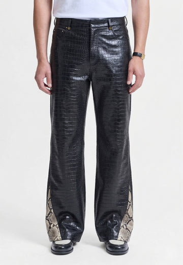 Black Croco Embossed Leather Pants with Snake Print Panel Detailing