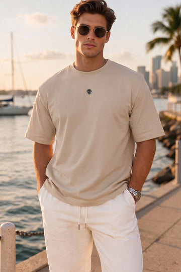 Premium Beige Loose Fit Round Neck T-Shirt with 3D Lion Logo