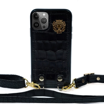 Side Sling Mobile Cover In Black Croco Textured Leather with Metal Lion