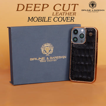 Mini Lion Black Mobile Cover Golden Rim Deep Cut Croco Leather