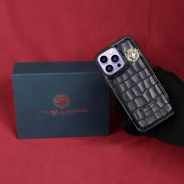 Grey Mobile Cover in Croco Textured Leather By Brune & Bareskin