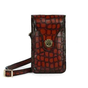 Double Pockets Side Bag For Mobile In Wine Deep Cut Leather
