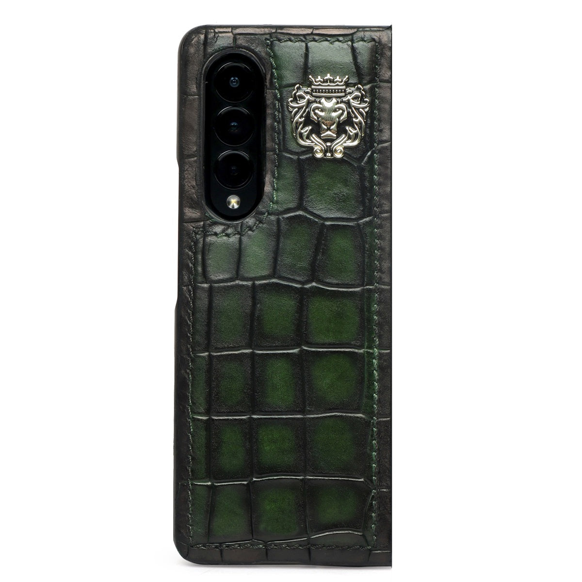 Smokey Finish Mobile Cover in Green Croco Textured Leather with Metal Lion