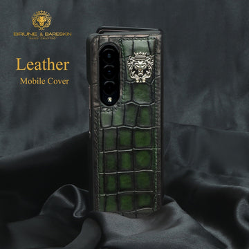 Smokey Finish Mobile Cover in Green Croco Textured Leather with Metal Lion