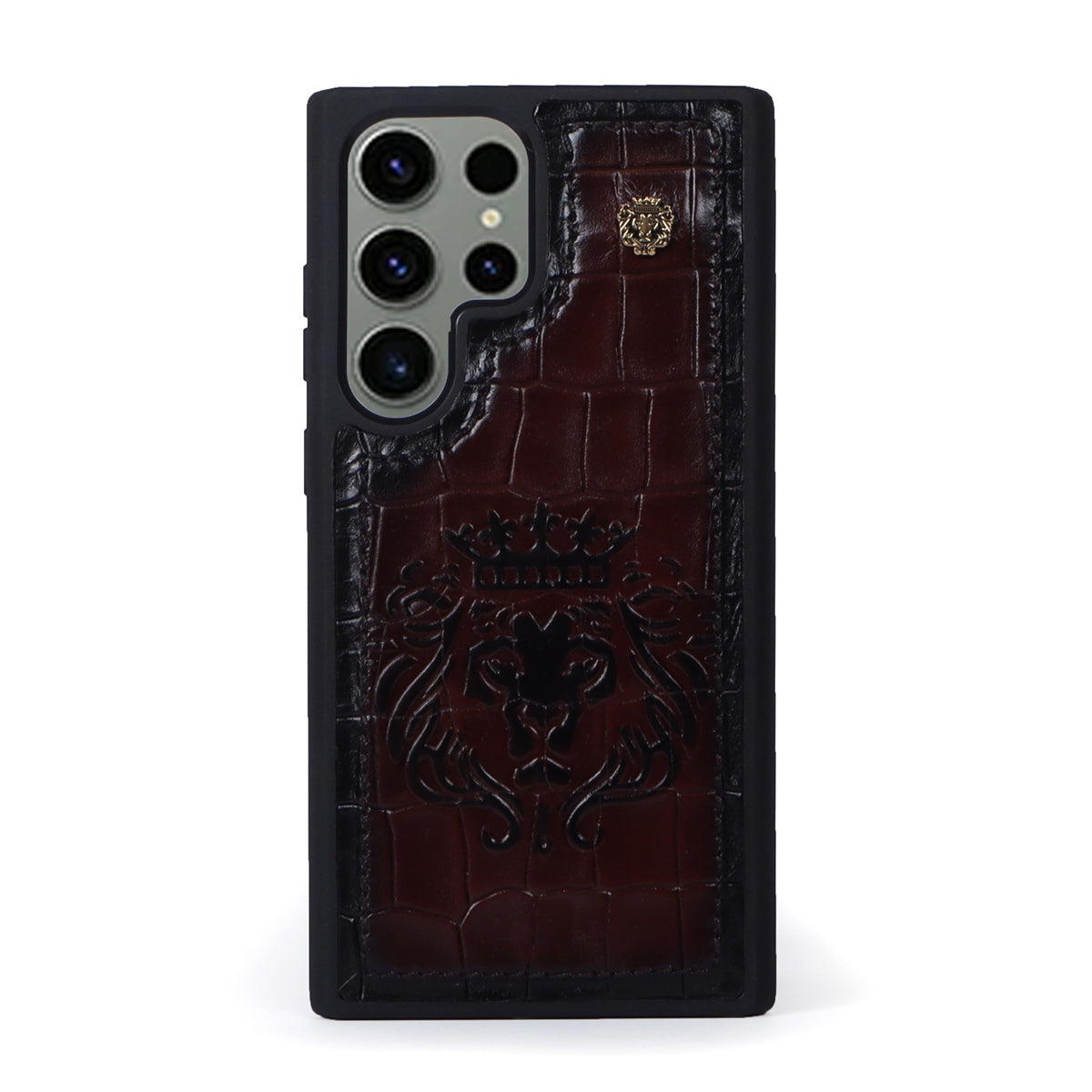 Metal Embossed Lion Samsung S Series Croco Print Dark Brown Leather Mobile Cover