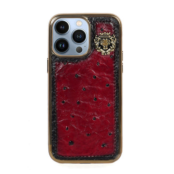 Wine Golden Rim Mobile Cover In Exotic Real Ostrich Leather with Metal Lion