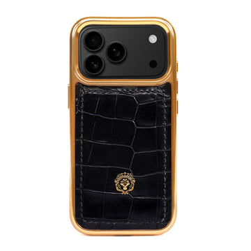 Luxury Black Croco Textured Leather iPhone 17 Pro & 17 Pro Max Golden Frame Mobile Cover