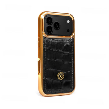 Luxury Black Croco Textured Leather iPhone 17 Pro & 17 Pro Max Golden Frame Mobile Cover