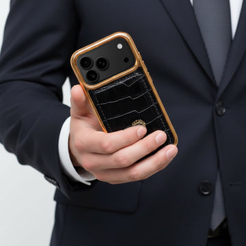 Luxury Black Croco Textured Leather iPhone 17 Pro & 17 Pro Max Golden Frame Mobile Cover