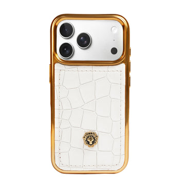 Luxury White Croco Textured Leather iPhone 17 Pro & 17 Pro Max Golden Frame Mobile Cover