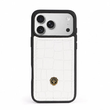 Premium White Deep Croco Embossed Leather iPhone Case with Golden Metal Lion Logo