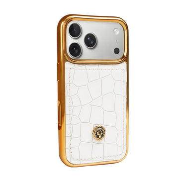 Luxury White Croco Textured Leather iPhone 17 Pro & 17 Pro Max Golden Frame Mobile Cover