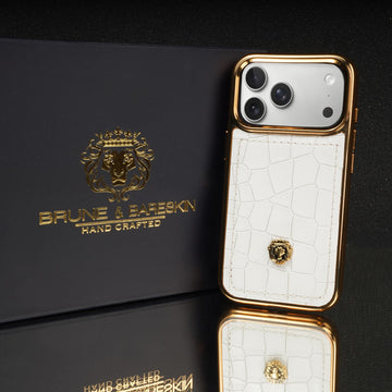 Luxury White Croco Textured Leather iPhone 17 Pro & 17 Pro Max Golden Frame Mobile Cover