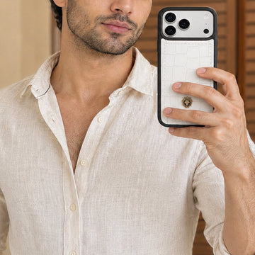 Premium White Deep Croco Embossed Leather iPhone Case with Golden Metal Lion Logo