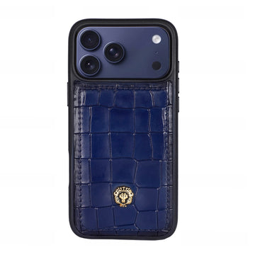 Blue Croco Textured Leather iPhone 17 Pro/Pro Max Cover with Black Frame
