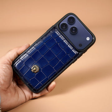 Blue Croco Textured Leather iPhone 17 Pro/Pro Max Cover with Black Frame