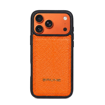 Premium Orange Pebbled Leather iPhone Case with Golden Metal BRUNE Logo