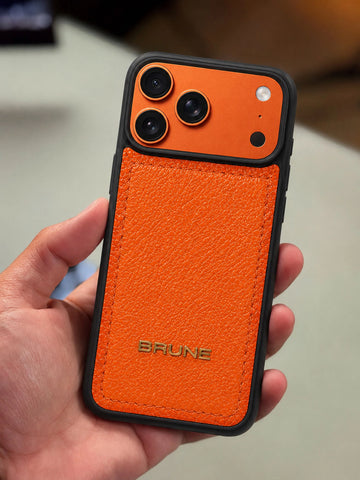 Premium Orange Pebbled Leather iPhone Case with Golden Metal BRUNE Logo