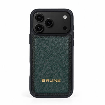 Premium Green Pebbled Leather iPhone Case with Golden Metal BRUNE Logo